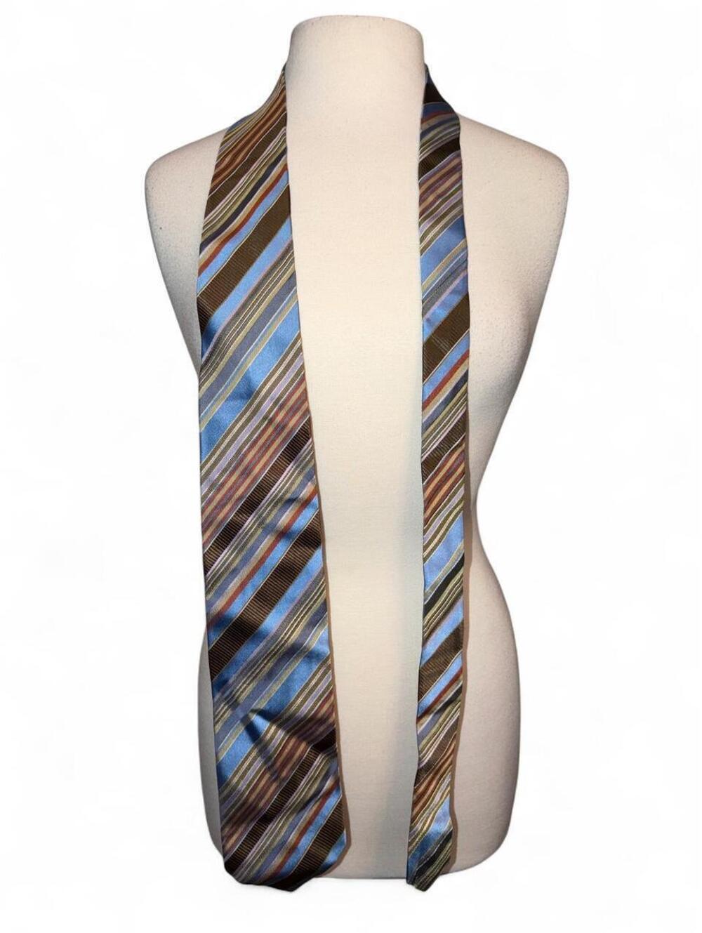 XMI Platinum Handmade Woven Silk Striped Necktie – Blue, Brown & Tan